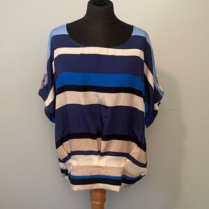 New York & Company Women's Blue Striped Roll Tab Sleeve Blouse